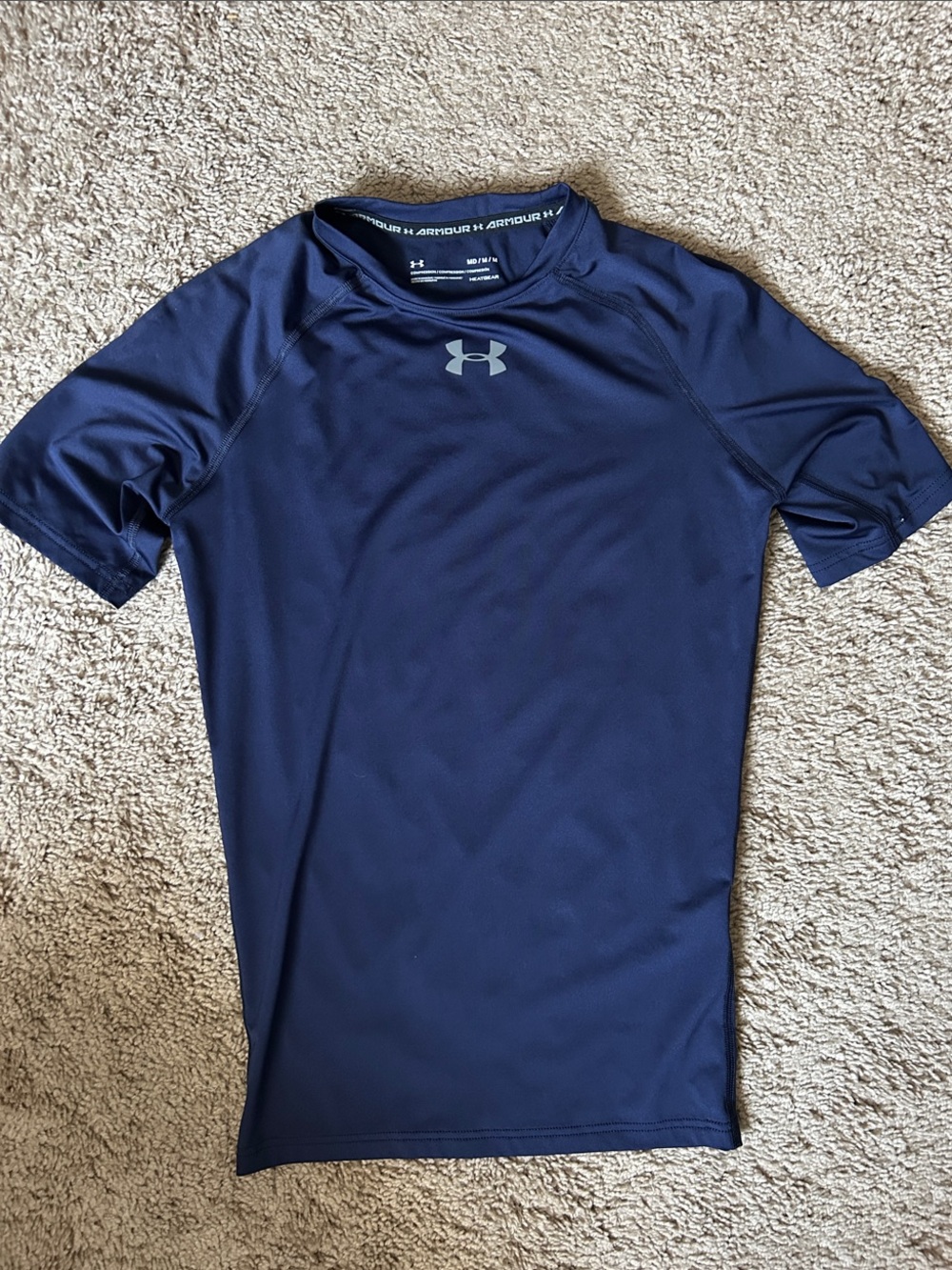 Under Armour Navy Short Sleeve Compression Top with Silver Logo